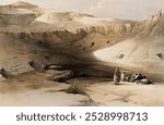 Entrance to the tombs of the kings of Thebes illustration by David Roberts (1796-1864). Thebes landscape. Vintage landscape scenery art drawing illustration, old ancient Egypt painting art print.