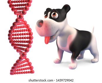 Entranced puppy dog stares at a strand of DNA, 3d render illustration