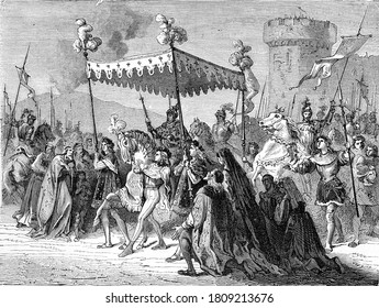 Entry Of Charles VIII Into Naples. Vintage Engraving. From Popular France, 1869.