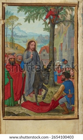 The Entry into Jerusalem by Simon Bening. Vintage Catholic artwork, religious scene. Vintage art illustration, Catholic painting.