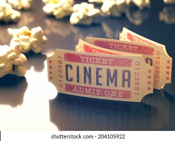 Entry ticket to the cinema with popcorn around. Clipping path included.