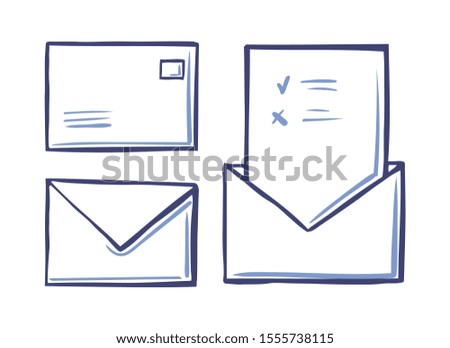 Envelope closed letter back and front view, voting page with approved and rejected icons sketch raster isolated. Mail message postal correspondence