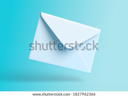 Envelope falling on the ground on a blue backgorund. Email notification. Minimal design. 3D rendering illustration