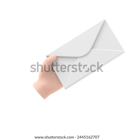 Envelope holding in the hand. Email message concept, sending. Postman gives a letter. Delivery of messages. 3D illustration flat design.Email, correspondence.3D rendering on white background.