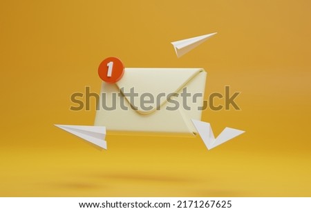 Envelope icon with unread message icon with paper plane on a yellow background Mailing by email. 3d render illustration.
