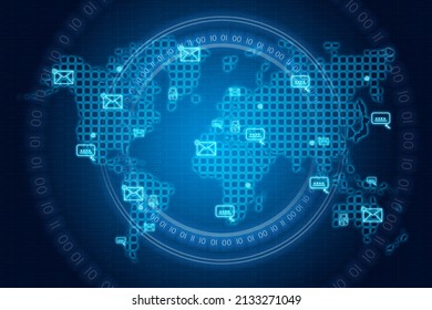 Envelope icons on a world map interface. Global business and information technology concept. 3d rendering