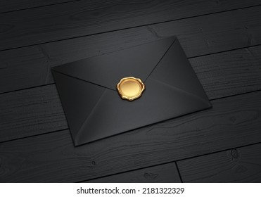 Envelope Made Of Black Paper With A Gold Seal On A Black Wooden Background, 3d Render