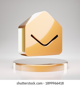 Envelope Open Icon. Yellow Gold Envelope Open Symbol On Golden Podium. 3D Rendered Social Media Icon.