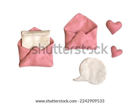 Envelope, sheet of paper, speech bubble and hearts plasticine clay. Pink plasticine clay 3D illustration on white background, cute dough shape