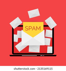 Envelope with spam. Spam Email Warning Window On Laptop Screen.  Illustration