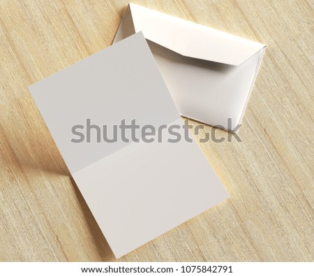 Envelope with a white empty paper on a wooden background. Mock up. 3D rendering.
