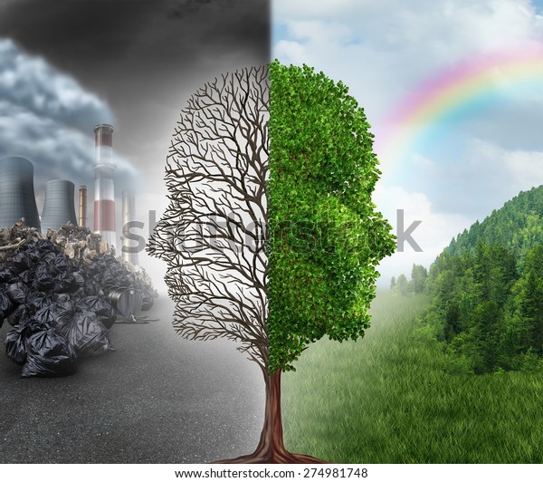 環境変化と地球温暖化の環境コンセプトは 環境汚染 の際に人間の頭としての枯れ木を半分見せ その反対に健康な緑の清潔な空気と植物を見せるシーンとして2つに切り取られた のイラスト素材