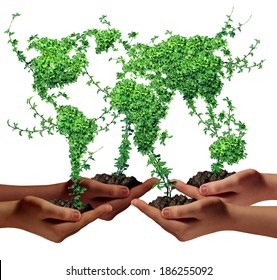 Environment community and business development concept as a group of global ethnic people hands holding green plants with leaves shaped as the world as a metaphor for a growing international economy.