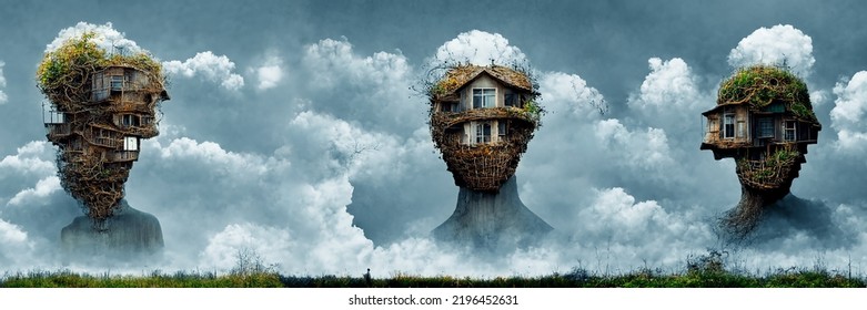 Environment concept, combination of human head, house and plant. the three surrealist forms floating over the serene blue clouds. Digital illustration.