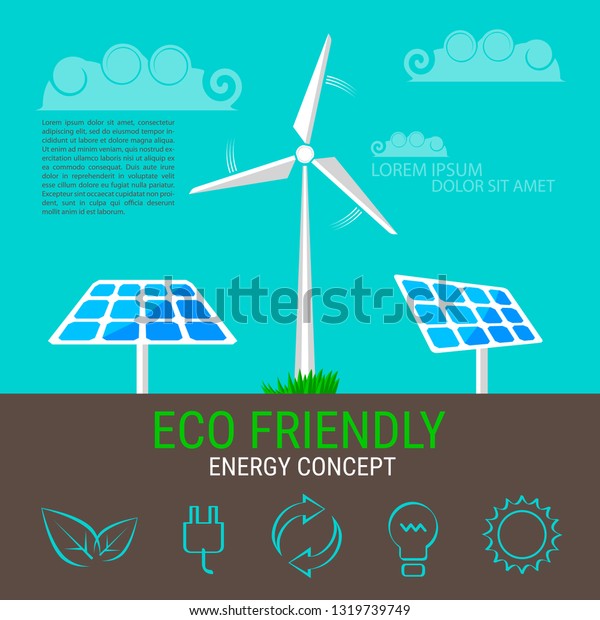 Environment, ecology infographic elements. Wind\
turbine and solar panels icon. Flat style illustration. Save the\
Nature template. Eco line icons\
set.