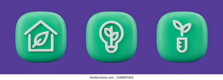 Environment Icon, Eco Home 3d Icon On A Green Button, White Outline Energy Icon, 3d Rendering, Simple Outline Icon