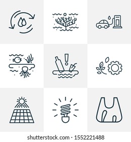 Environment Icons Line Style Set With Water Pollution, Water Cycle, Coral Reefs And Other Algae Elements. Isolated Illustration Environment Icons.