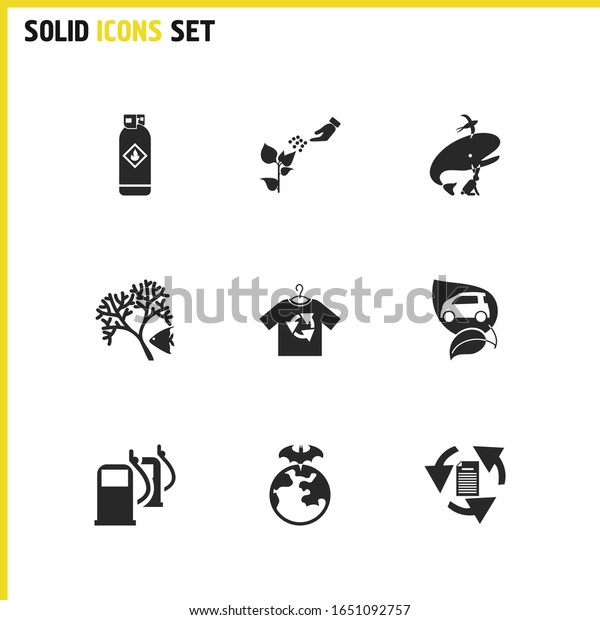 Environment icons set with gas can, fertilizer\
and coral reefs elements. Set of environment icons and fuel\
concept. Editable elements for logo app UI\
design.