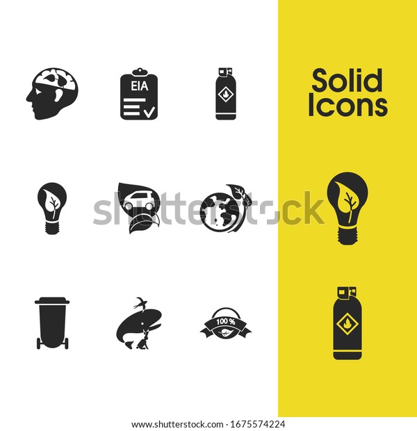 Environment icons set with gas can, fauna\
and eco bulb elements. Set of environment icons and flammable\
concept. Editable elements for logo app UI\
design.