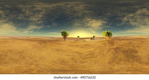 Environment Map. HDRI Map. Equirectangular Projection. Spherical Panorama. Oasis In The Desert. 3d Rendering