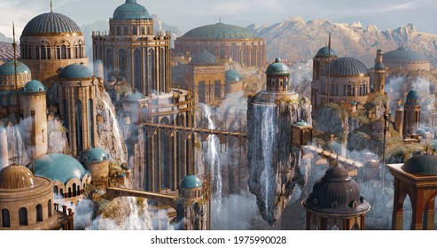 Environment Panoramic View of Sci-Fi Dome Castle, floating island and waterfall 