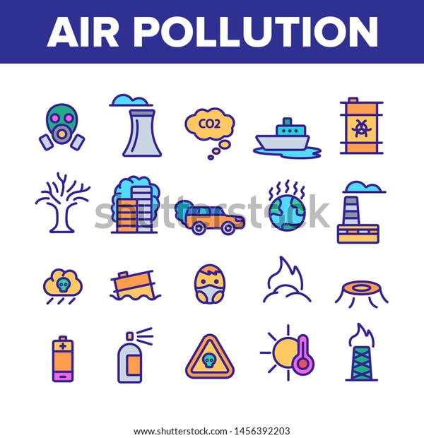 Environmental Air Pollution Linear Icons Set.\
Smog, Toxic Waste, CO2 Air Pollution Thin Line Illustrations Pack.\
Factory Smoke, Gas, Dust Ecosystem Danger. Environmental Issues\
Outline\
Symbols