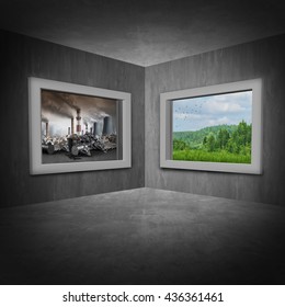 Environmental change concept as a room with two windows showing a polluted toxic environment with green trees and clean air as a climate and ozone depletion symbol with 3D illustration elements.