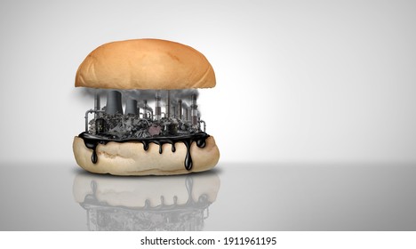 Environmental food toxins and pollution and nutrition or toxic pollutants contamination and eating a contaminated meal as a hamburger containing industrial chemicals with 3D illustration elements.