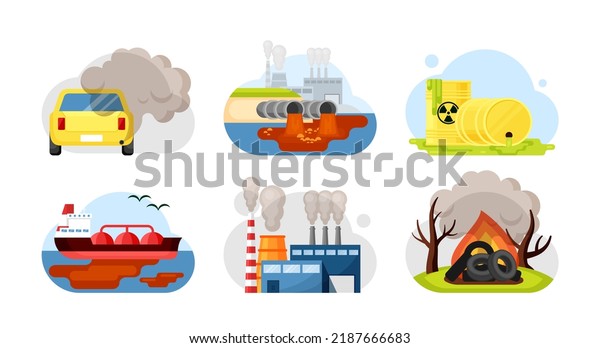 Environmental pollution set. Car\
exhaust industrial wastewater radioactive toxic waste spilled oil\
factory combustion options burning plastic, trash tires. Cartoon\
style.