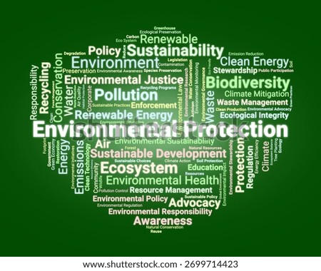 Environmental Protection Word Cloud. Composition Of Words Related To Sustainability, Conservation, Clean Energy, Waste Management, And Climate Change Mitigation Strategies.