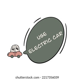 Environmental Sticker, Doodle Illustration Of A Small Car And A Big Cloud Of Exhaust Gas With The Inscription Use Electric Car, White Background