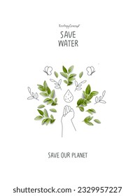 Environmentally friendly planet concept. . Hand drawn cartoon sketch with water conservation sign
 and green leaves, sprouting branches all around
Think Green. Protect the World from pollution concept