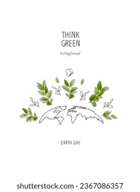 Environmentally friendly planet concept. Hand drawn cartoon sketch map of the world with green leaves.Think Green.  
