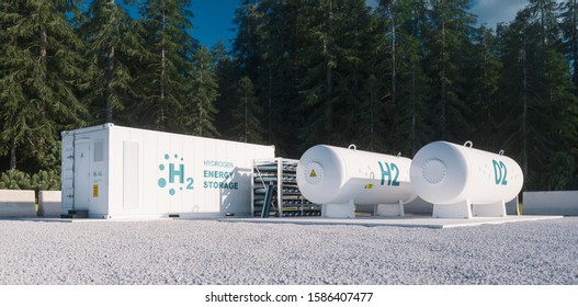 Environmentally Friendly Solution Of Renewable Energy Storage - Hydrogen Gas To Clean Electricity Facility Situated In Forest Environment. 3d Rendering.