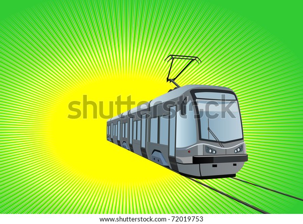 Environmentally friendly urban transport\
mode. Modern streetcar on a green\
background.
