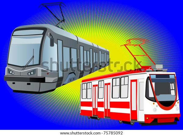 Environmentally friendly urban transport\
mode. Modern trams on a blue\
background.