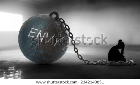 Envy - a metaphorical view of a woman struggle with envy. Trapped alone and chained to a burden of Envy. Constant and strenuous fight.,3d illustration