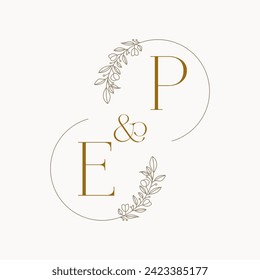 EP Logo initials wedding monogram logo design in simple brown circle leaf frame