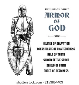 Ephesians 6:13-17 full armor of God with knight in armor illustration.