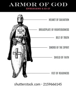 Ephesians 6:13-17 full armor of God with Knight in armor illustration.