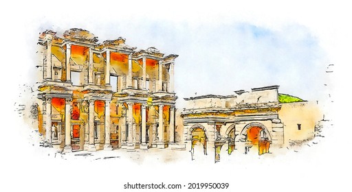 Ephesus, A City In Ancient Greece, Southwest Of Present-day Selçuk In İzmir Province, Turkey, Its Many Monumental Buildings Included The Library Of Celsus, Watercolor Sketch Illustration.