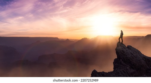 Epic Adventure Composite Of Man Hiker On Top Of A Rocky Mountain. Dramatic Sunset Sky. 3d Rendering Peak. Background Landscape From North America. Freedom Concept. Animation