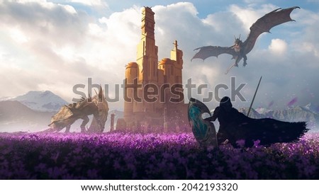 Epic battle between two big dragons and a knight hero elf in a purple flowers field defending a tower castle in beautiful sunlight - concept art - 3D rendering