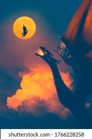 Epic Battle Between Warrior Angel And A Big Dragon In A Sunset Red Sky - Concept Art - 3D Rendering