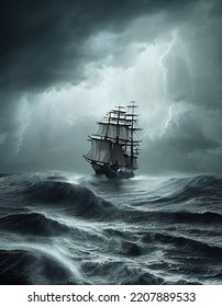 Epic Beautiful Rococo Painting Of A Water-level View Of Turbulent Swells Of A Violent Ocean Storm, Dramatic Thunderous Sky At Dusk. At Center A Closeup Of Large Tall Ship With Sails. Breaking Light.