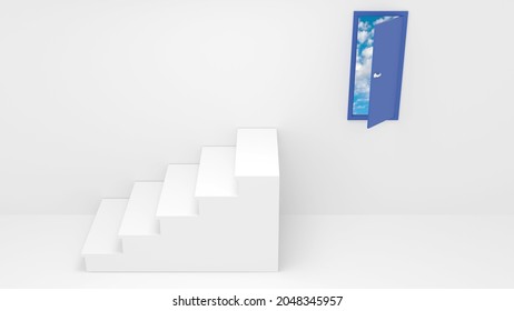 Epic Fail, Miscalculation Or Construction Error Illustrated In 3d, White Stairs Leading Nowhere Near The Coveted Open Blue Door With Sky Behind. Abstract Symbol Of  An Epic Fail.