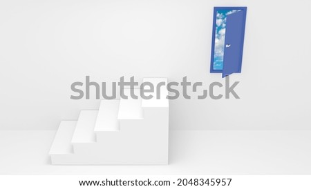 Epic fail, Miscalculation or construction error illustrated in 3d, white stairs leading nowhere near the coveted open blue door with sky behind. Abstract symbol of  an epic fail.