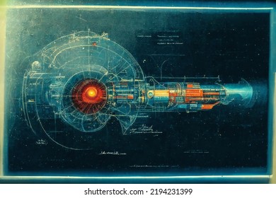 Epic Futuristic Machine Blueprint Technical Sketch, Digital Illustration