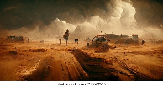 Epic post-apocalyptic desert landscape on a sunny hot day with a storm coming in the background illustration art