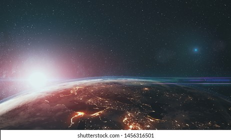 Epic Rotate Earth Close Up Surface Star Background. Sun Beam Glow Celestial Outer Space Deep Universe Exploration Concept 3D Animation